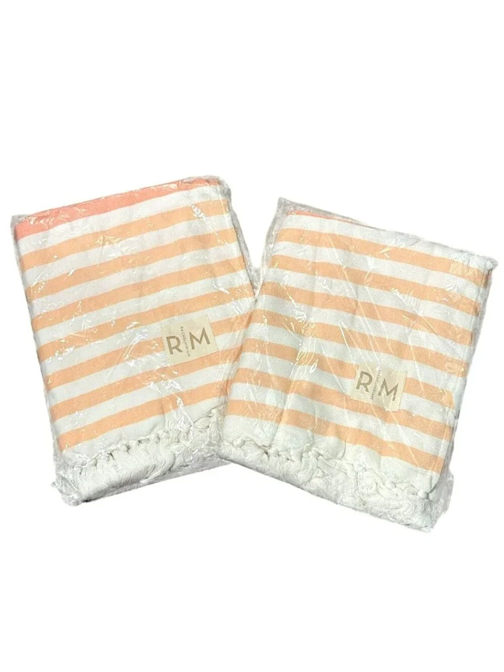Set of 2 Rachel Miriam Peach Summer Towels Striped Tassels 39x71 New
